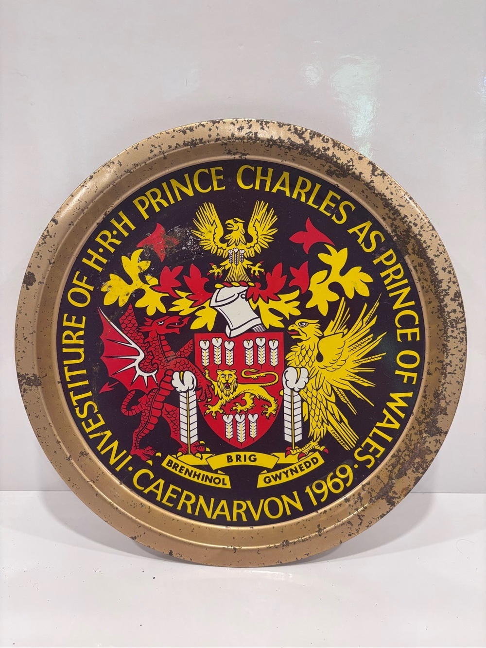 Commemorative Prince Charles Investiture Metal Tray - Gold, Black, Red, Yellow